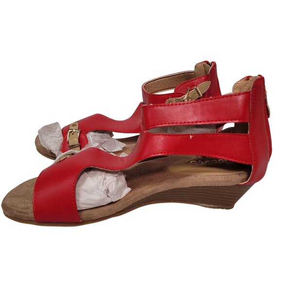 Cloud 90 Women's Red Open-Toe Leather Wedge Sandals With Buckle Straps Size 7 - Picture 6 of 12